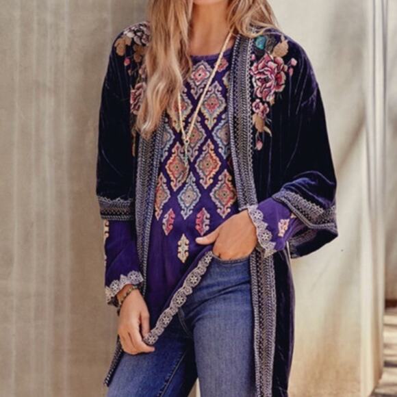Johnny Was Blue Kikumi Embroidered Long Sleeve Blouse - Picture 1 of 11